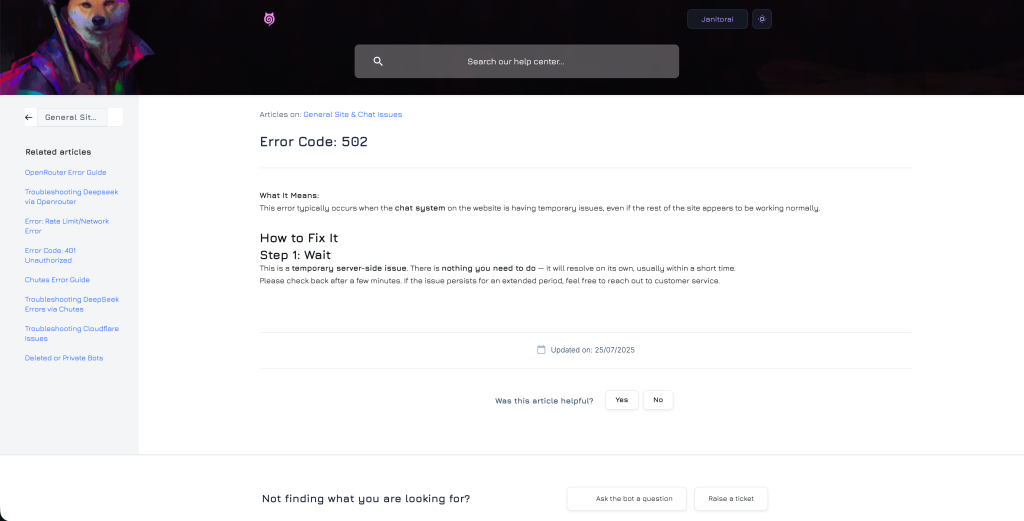 Janitor AI displaying Proxy Error 502 Bad Gateway message